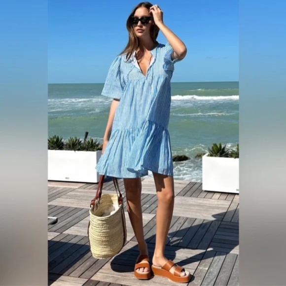Emerson Fry India Collection Isla Dress in Sunday Stripe Bluesy XS/S NWOT - Picture 1 of 11
